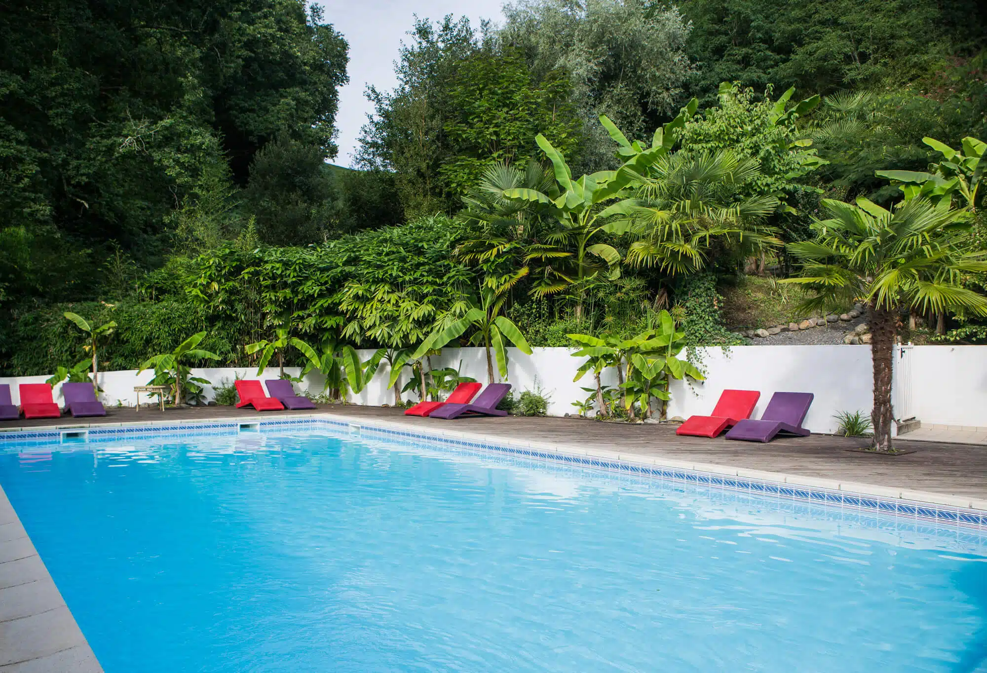 Piscine extérieure chauffée bordée de transats et de palmiers aux Collines Iduki