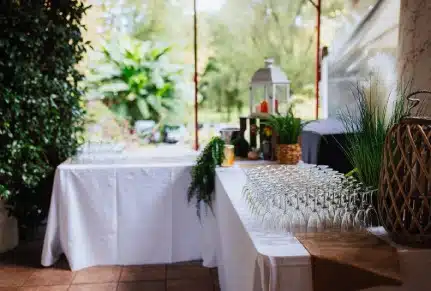 Une table de réception élégamment décorée avec des verres à vin alignés, des plantes luxuriantes et des lanternes raffinées, créant une ambiance chaleureuse et naturelle dans un domaine de mariage au Pays Basque.