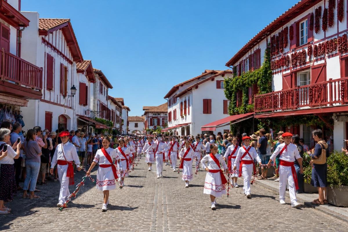 Défilé de danseurs basques lors de la Fête du piment d’Espelette au Pays Basque